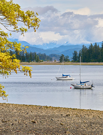 Quadra Island shoreline with two boats on the water, forest and mountains in the background