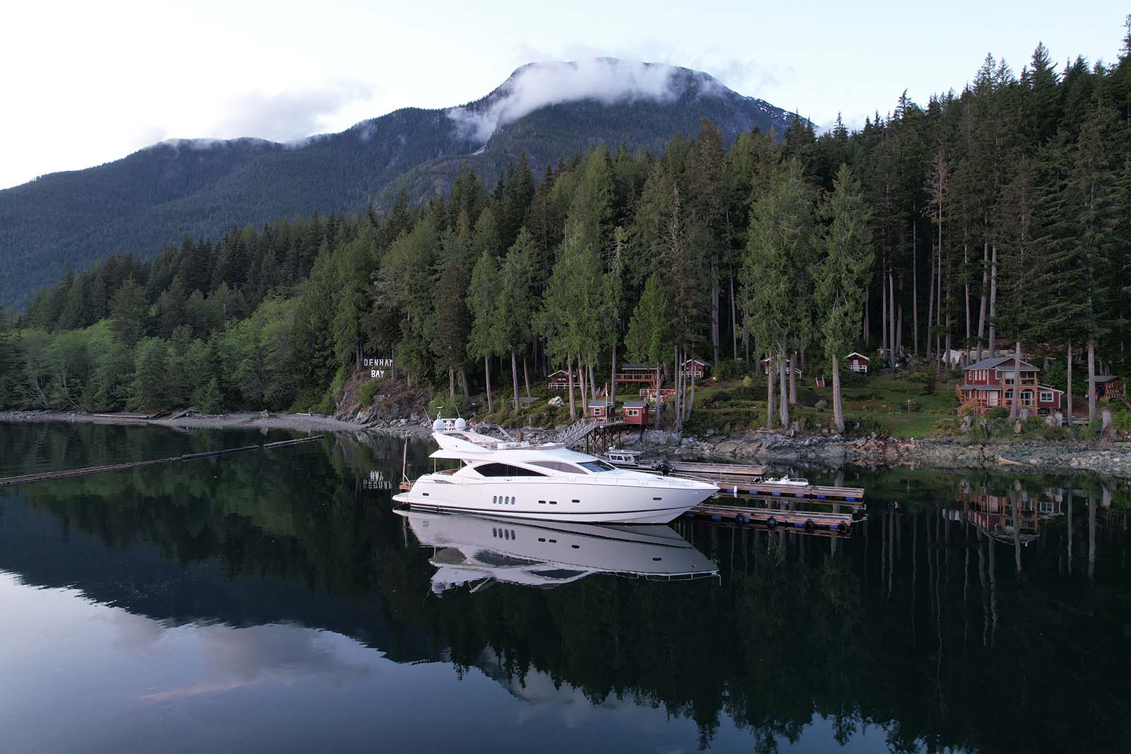 Yachts and boats on the ocean at a marina with forest and blue skies in the background